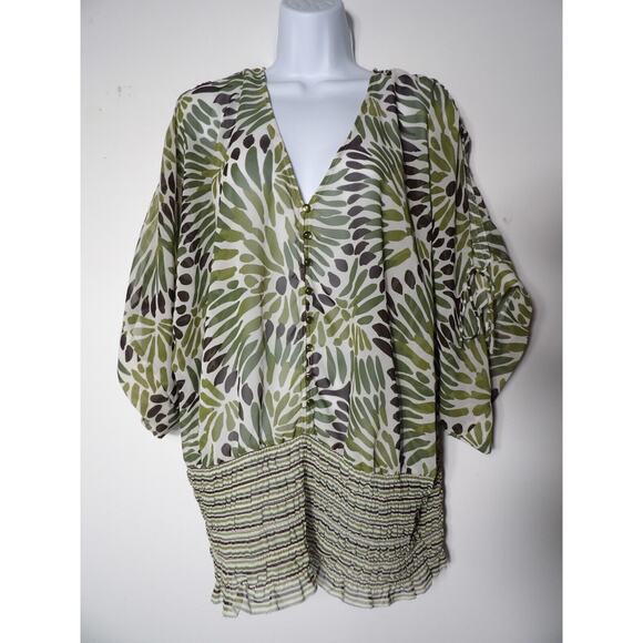Ashley Stewart 18W Top Blouse Semi Sheer Abstract Smocked Green White Artsy Boho - Picture 2 of 11